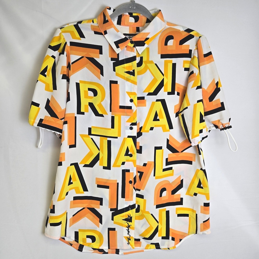 Karl Lagerfeld Paris Bungee Sleeve Logo Print Blouse Streetwear White Small READ
